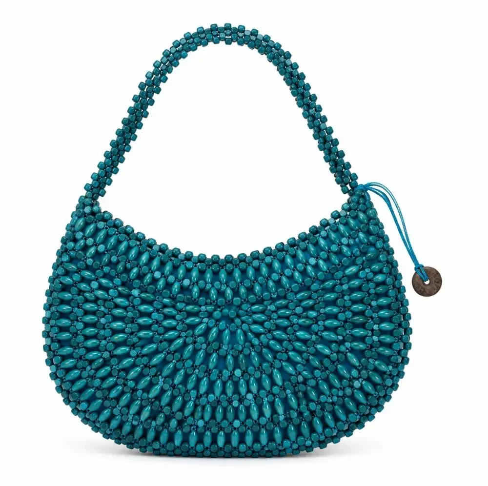 THE SAK Wooden Beaded Hobo Shoulder Back Turquoise Blue Y2K